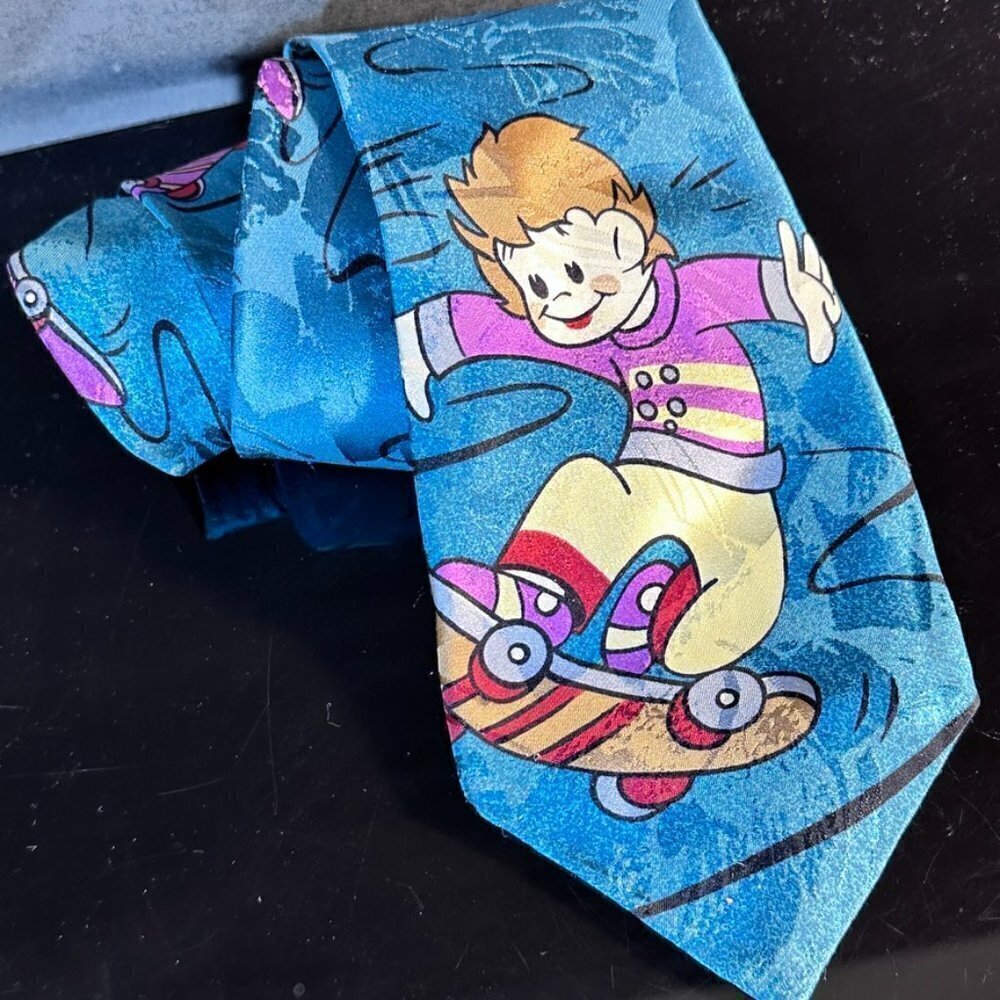 Cartoon Skateboard Tie Comic Skate Board Skater Silk Mens Neckwear Vintage Retro